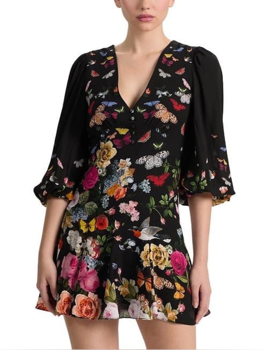 Alice + Olivia Black Floral & Butterfly V-Neck Mini Dress